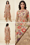 Beige Floral Button-Down Kurti & Wide-Leg Trouser Set