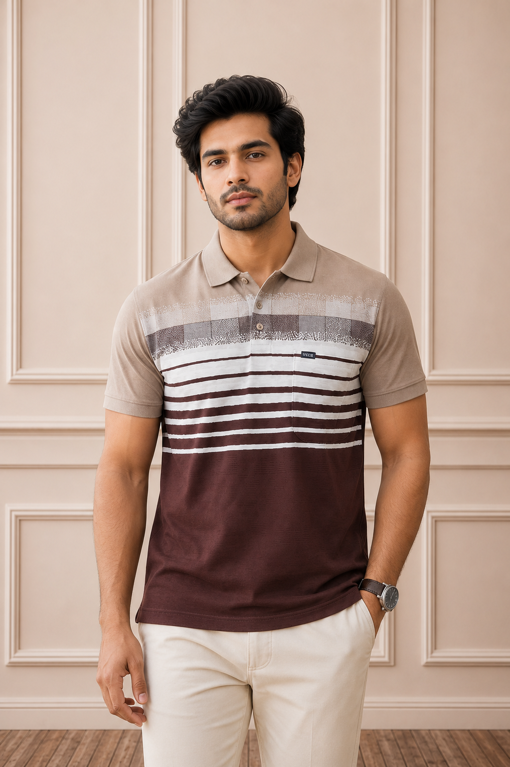 Men's Beige & Coffee Brown Striped Polo T-Shirt