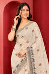Ivory Saree with Traditional Motifs & Grey Border