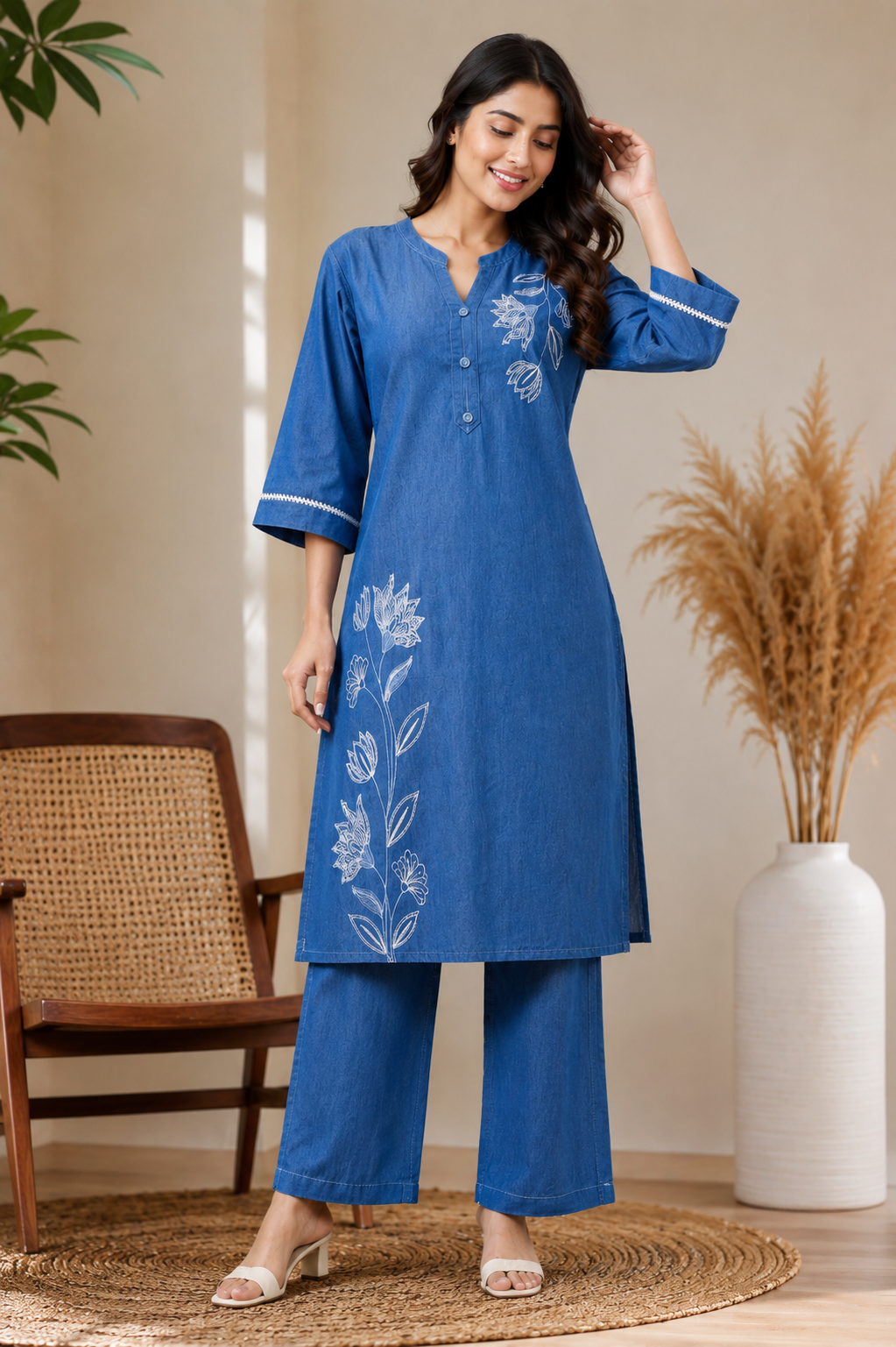 Women's Blue Embroidered Denim Co-Ord Set