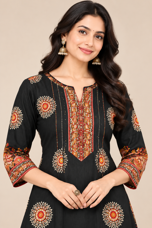 Elegant Black Floral Printed Kurta Palazzo Set for Women