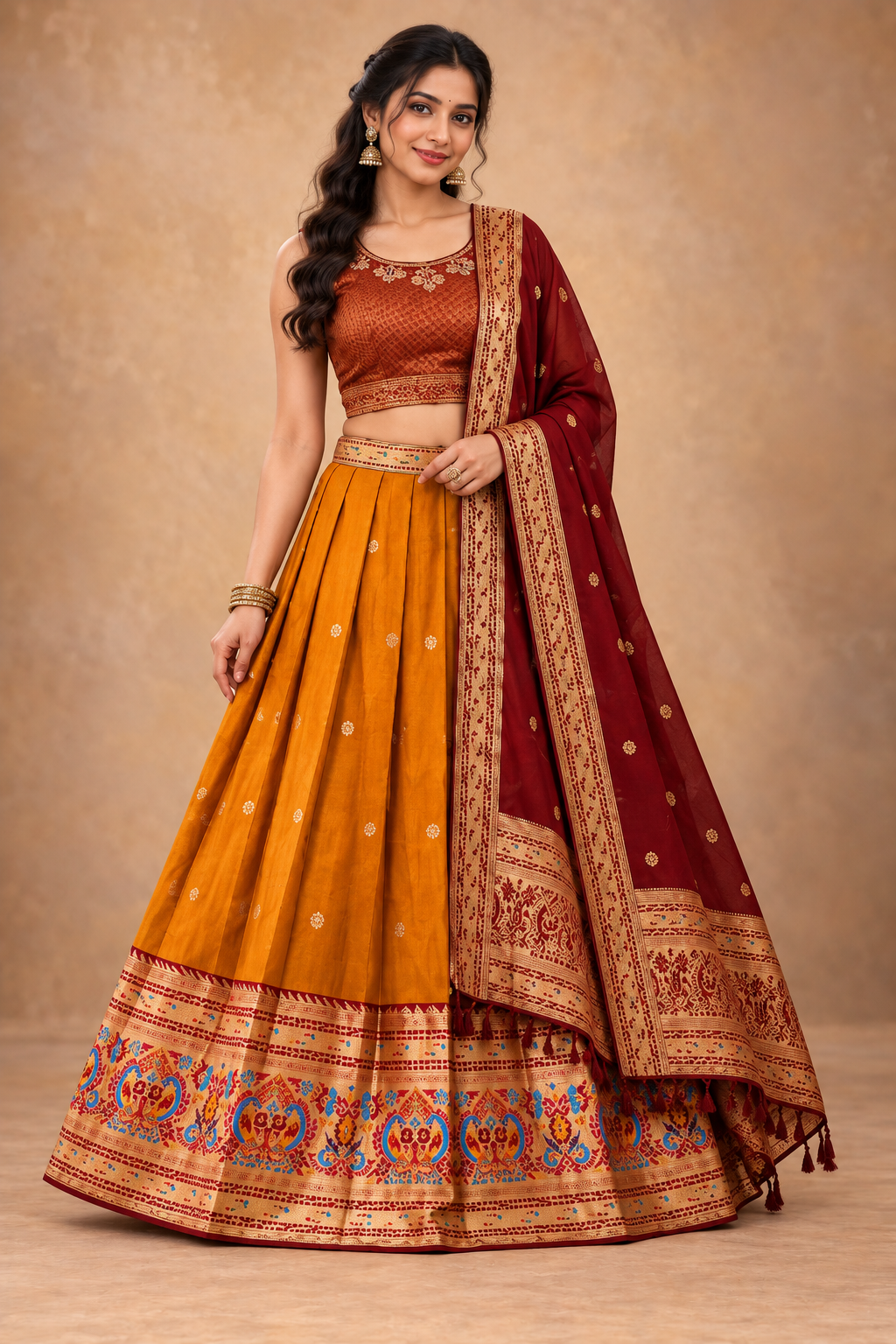 Elegant Mustard Yellow & Maroon Traditional Lehenga Choli Set