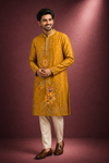 Mustard Yellow Floral Embroidered Silk Kurta Set for Men