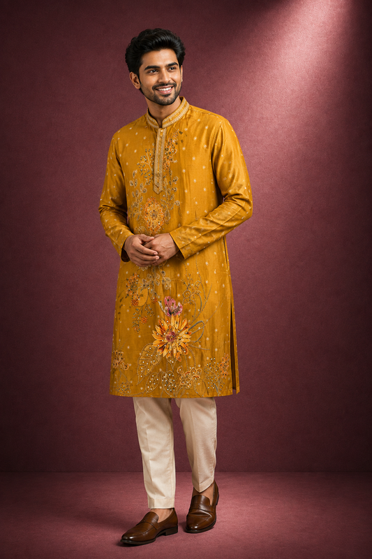 Mustard Yellow Floral Embroidered Silk Kurta Set for Men