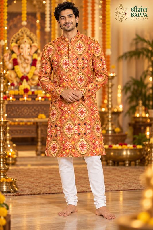 Men's Orange and Yellow Geometric Printed Long Sleeve Kurta