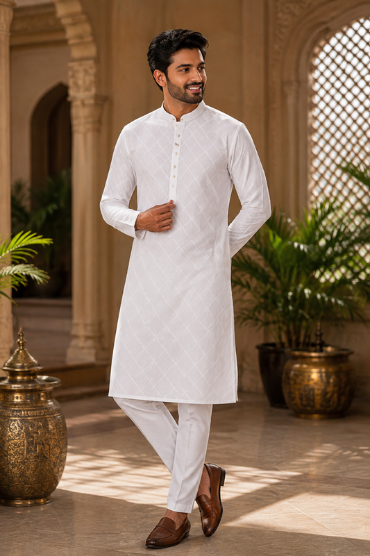 Men’s White Self-Textured Kurta Pajama Set