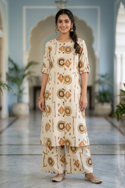 Beige Printed Cotton Kurta with Palazzo Pants Set | Ethnic Casual Wear Co-ord Set