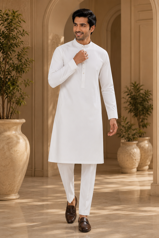 Men’s White Embroidered Kurta Pajama Set