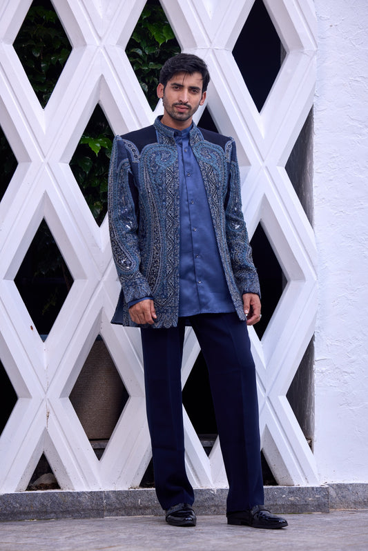 Royal Blue Embroidered Indo-Western Jacket Set
