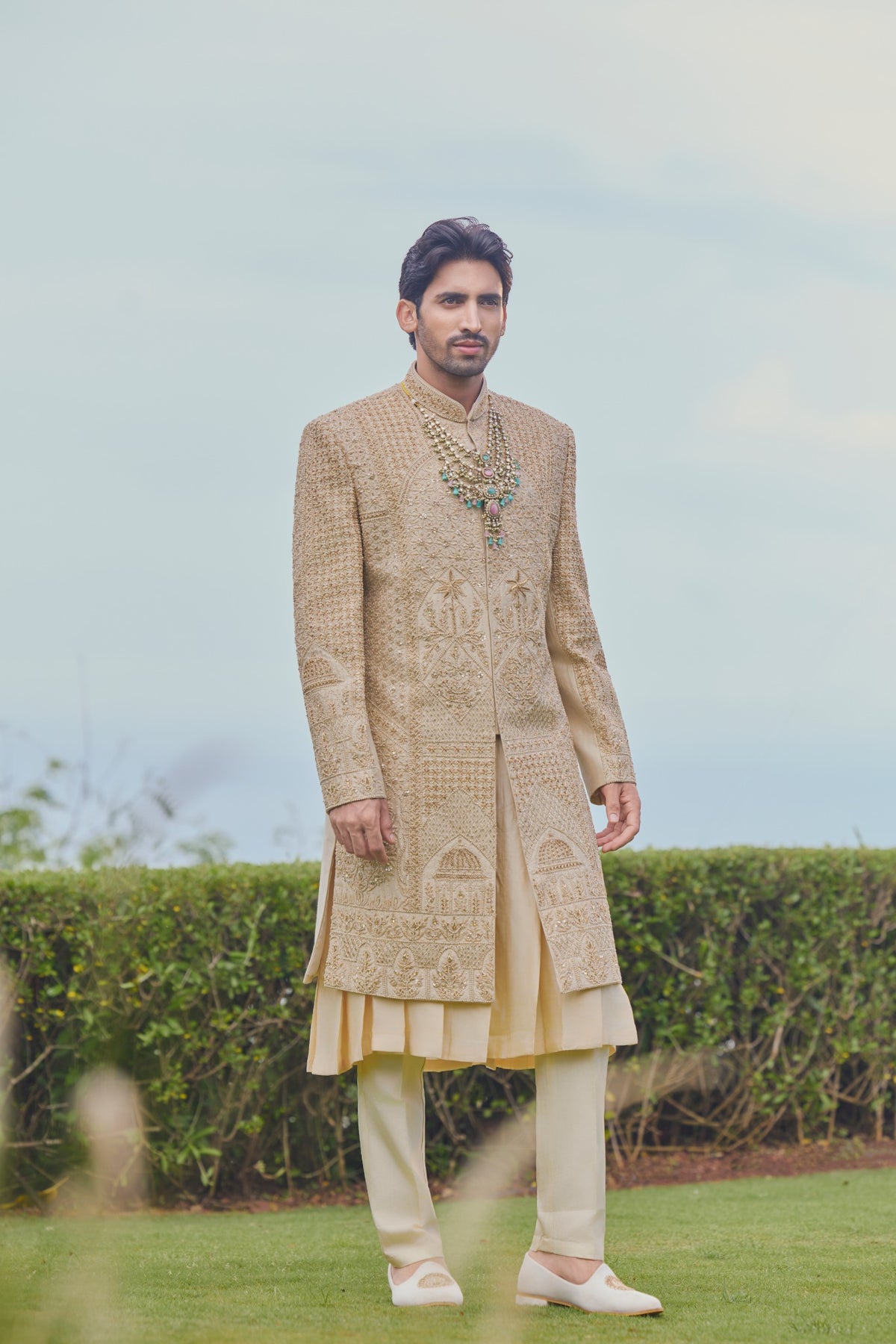 Golden Beige Embroidered Groom Sherwani