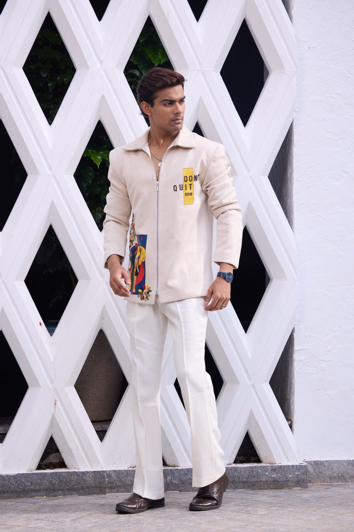 Ivory Statement Zip-Up Jacket with Artistic Patchwork