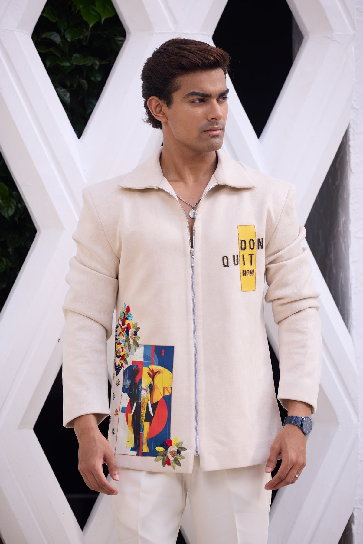Ivory Statement Zip-Up Jacket with Artistic Patchwork