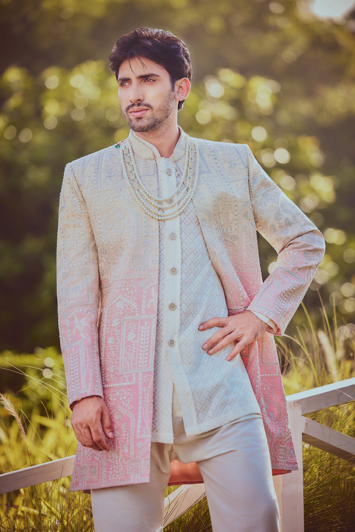 Ivory & Blush Pink Embroidered Groom Jacket Set