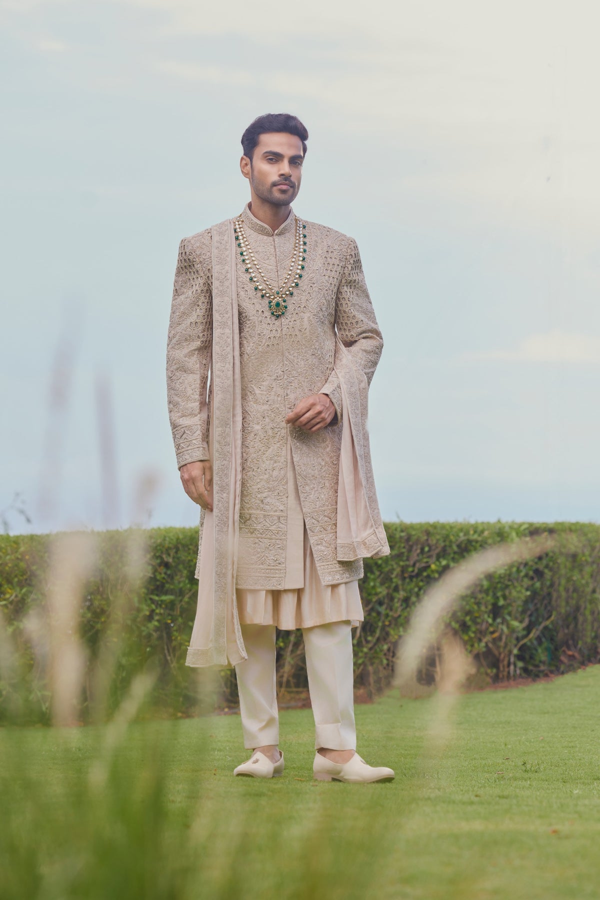 Beige Embroidered Royal Groom Sherwani