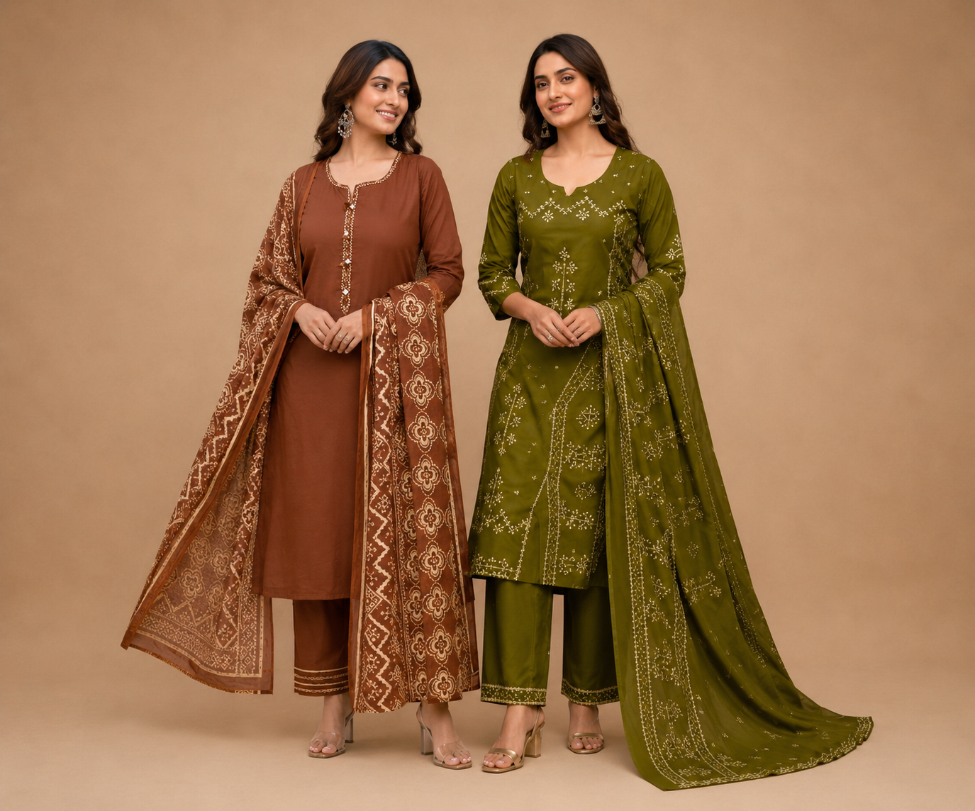 Women Rust Brown Kurta Pant Dupatta Set