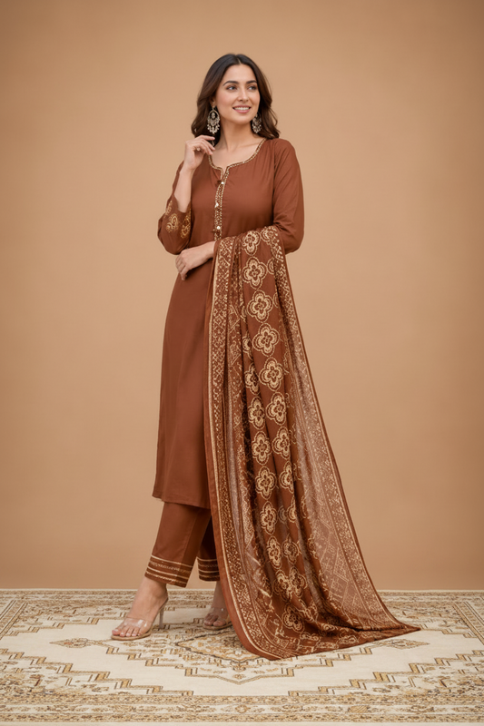 Women Rust Brown Kurta Pant Dupatta Set