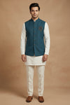 Teal Blue Embroidered Nehru Jacket Kurta Set