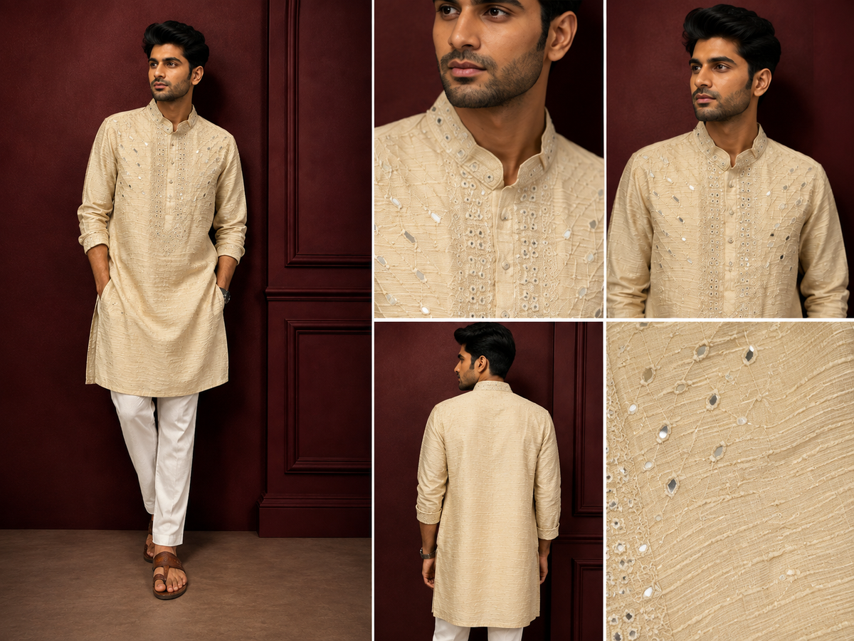 Beige Textured Silk Mirror Work Kurta Set for Men