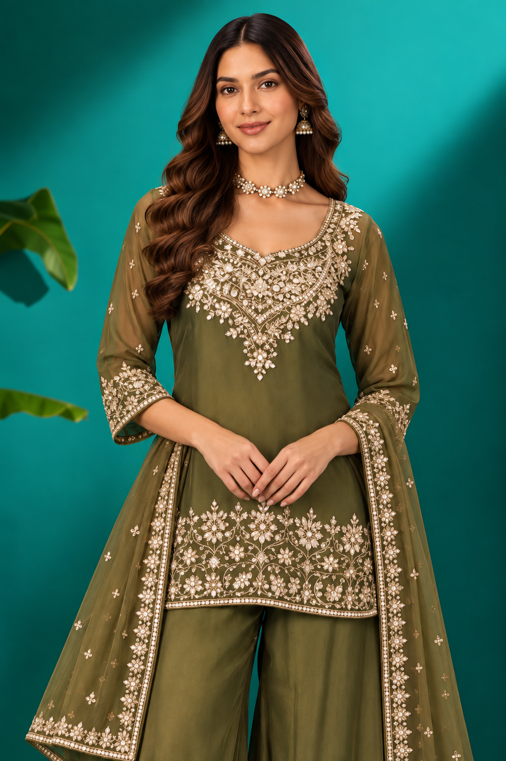 Olive Green Embroidered Sharara Set