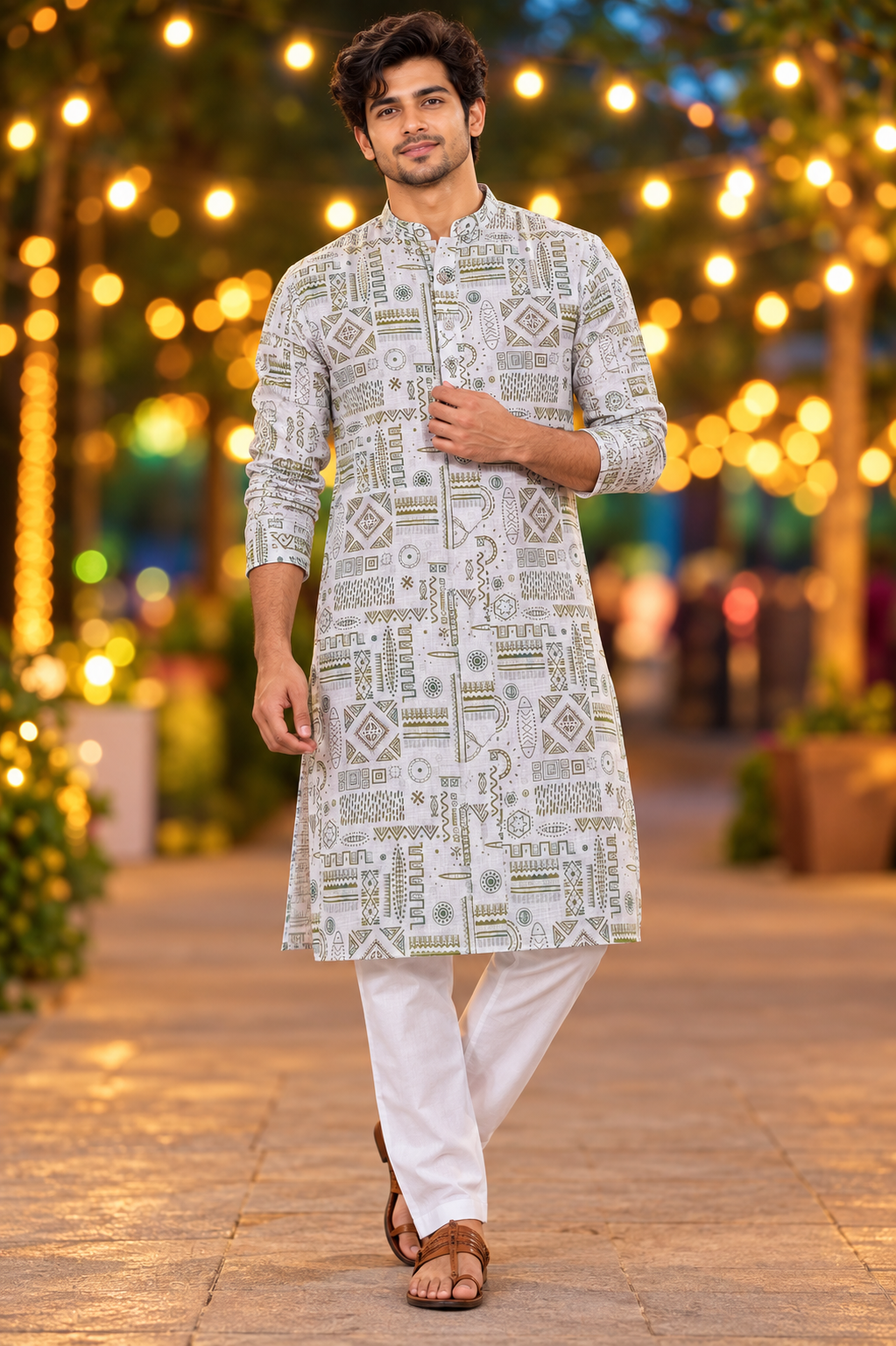 Men’s Ivory & Olive Tribal Print Only Kurta