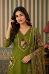 Olive Green Floral Embroidered Kurta Set with Printed Dupatta