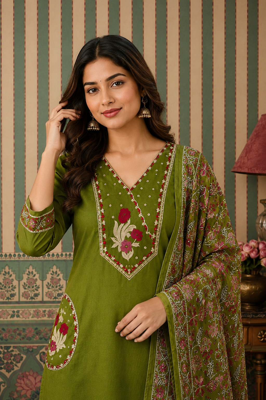 Olive Green Floral Embroidered Kurta Set with Printed Dupatta