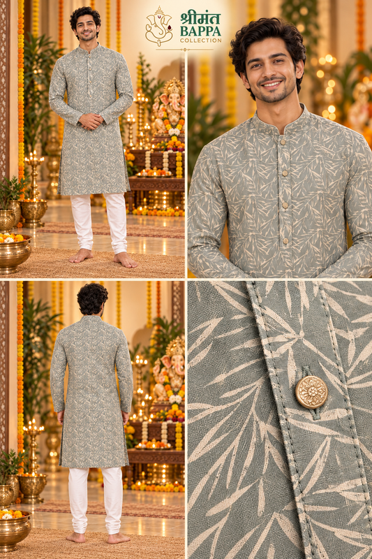 Men's Sage Green Leaf Printed Long Sleeve Kurta