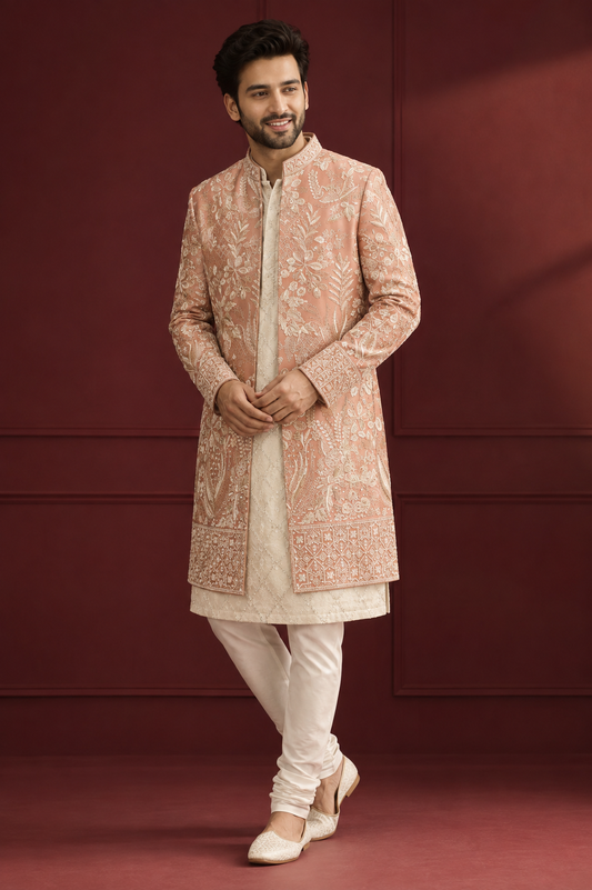 Peach Embroidered Indo-Western Sherwani Set
