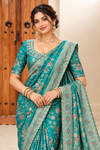 Teal Floral Embroidered Designer Saree
