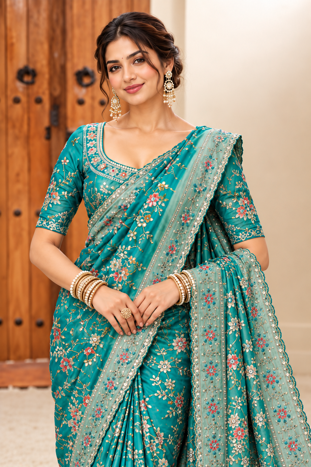 Teal Floral Embroidered Designer Saree