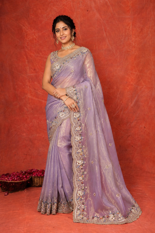 Lavender Organza Saree with Intricate Hand Embroidery & Sequins Border