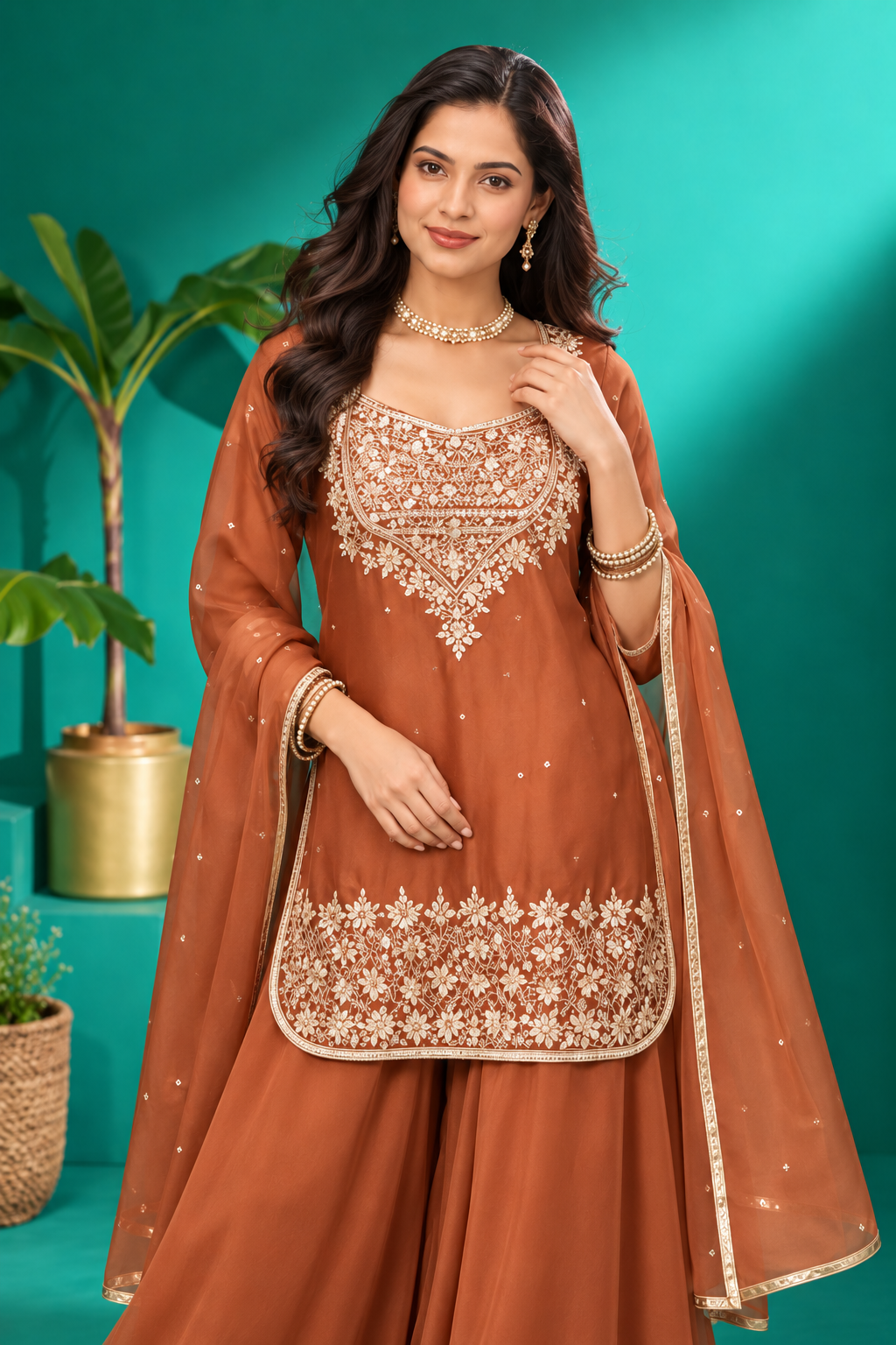 Rust Brown Embroidered Palazzo Suit Set