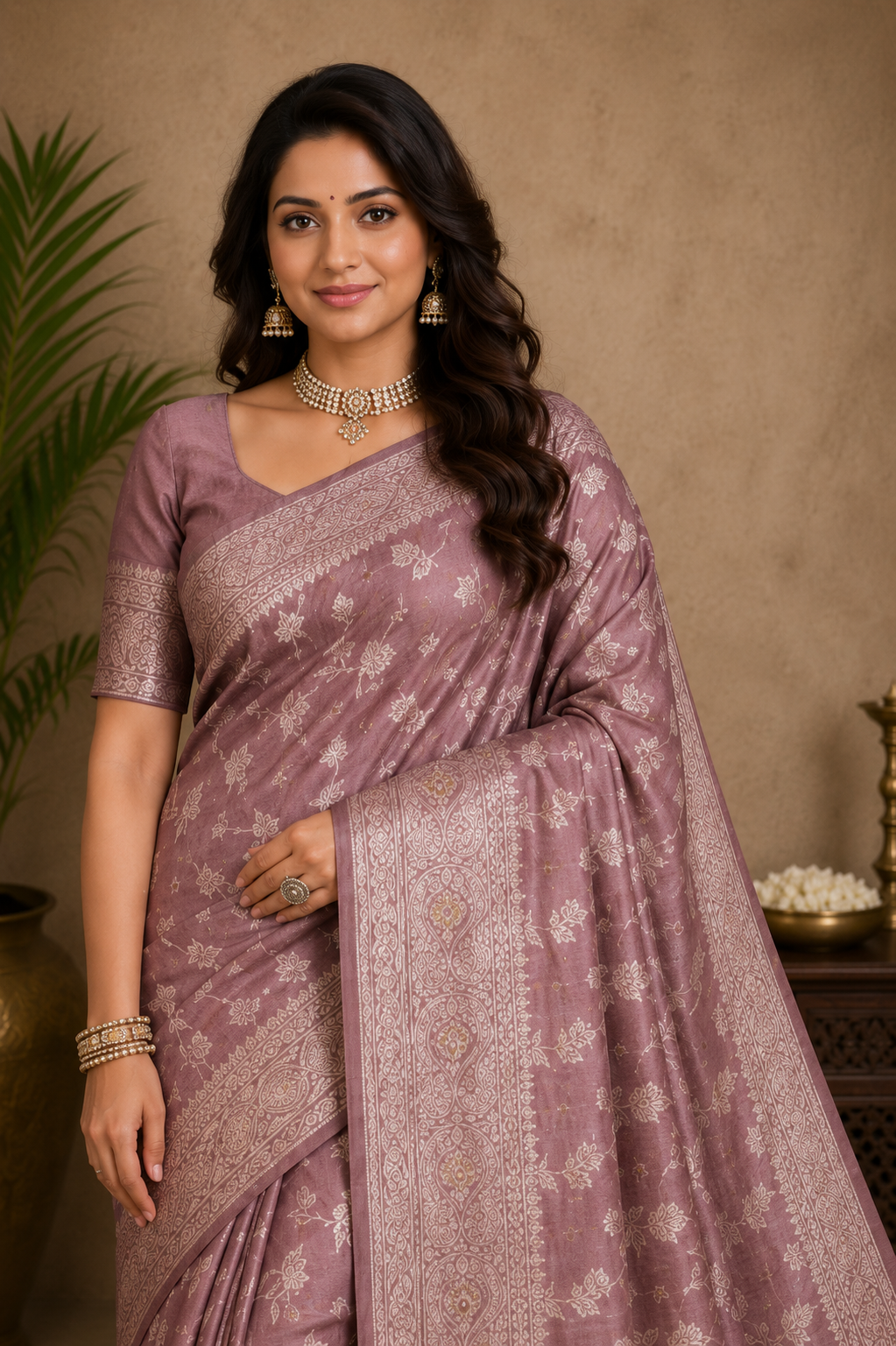 Mauve Woven Zari Floral Saree with Rich Designer Pallu