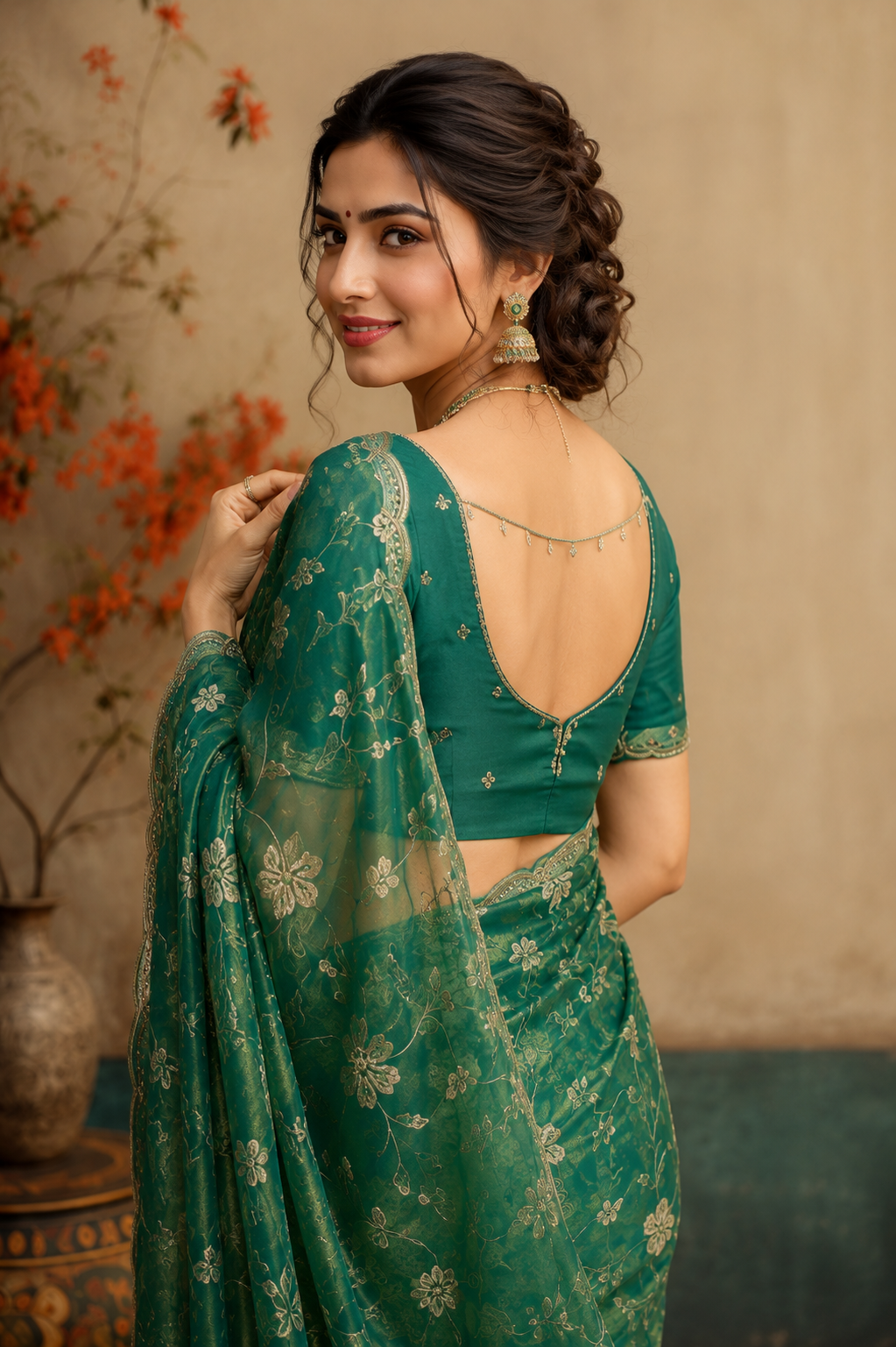 Sea Green Floral Embroidered Organza Saree