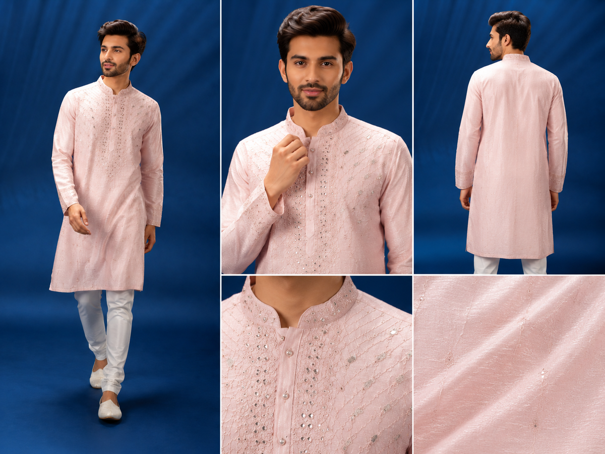 Pastel Pink Embroidered Men’s Festive Kurta
