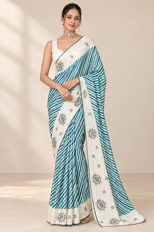 Teal Stripe Floral Elegance Saree