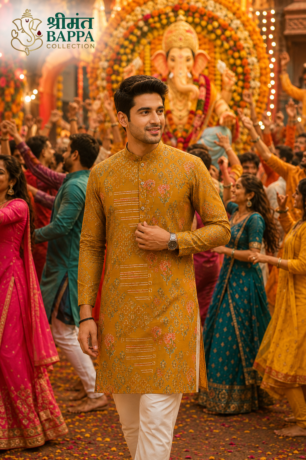 Mustard Floral Print Festive Kurta Set