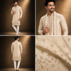 Beige Embroidered Kurta Set with Stole for Men