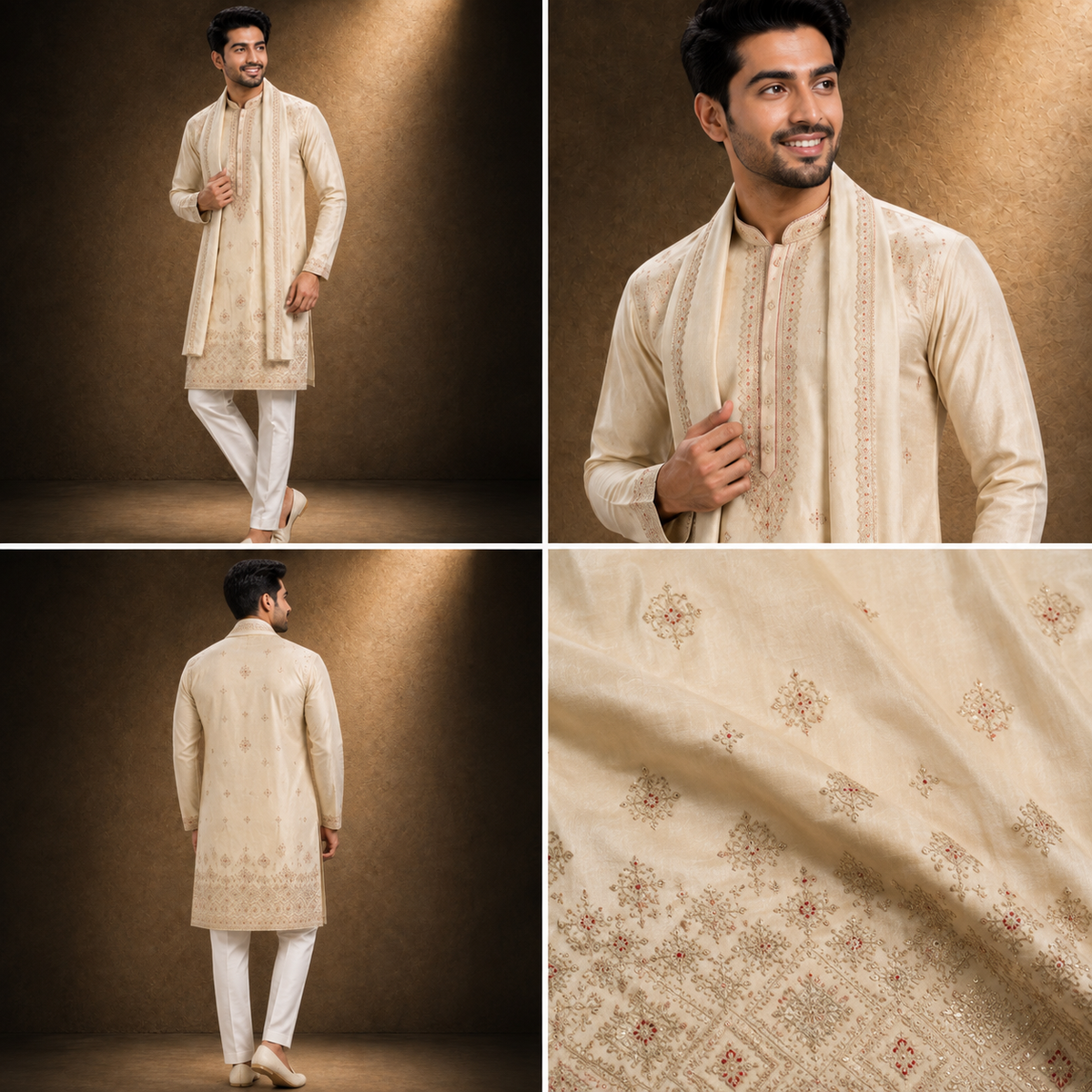 Beige Embroidered Kurta Set with Stole for Men