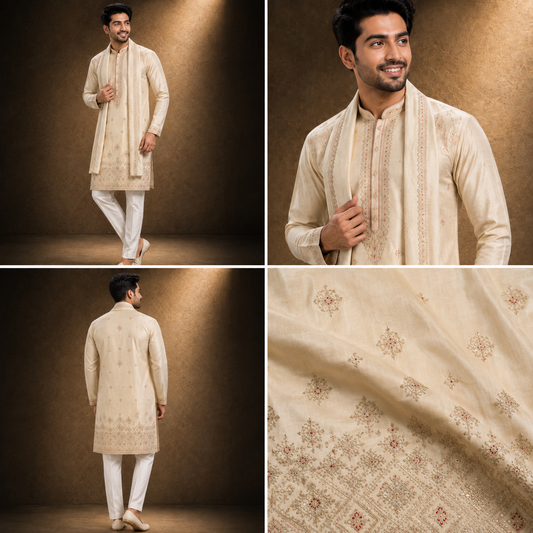 Beige Embroidered Kurta Set with Stole for Men