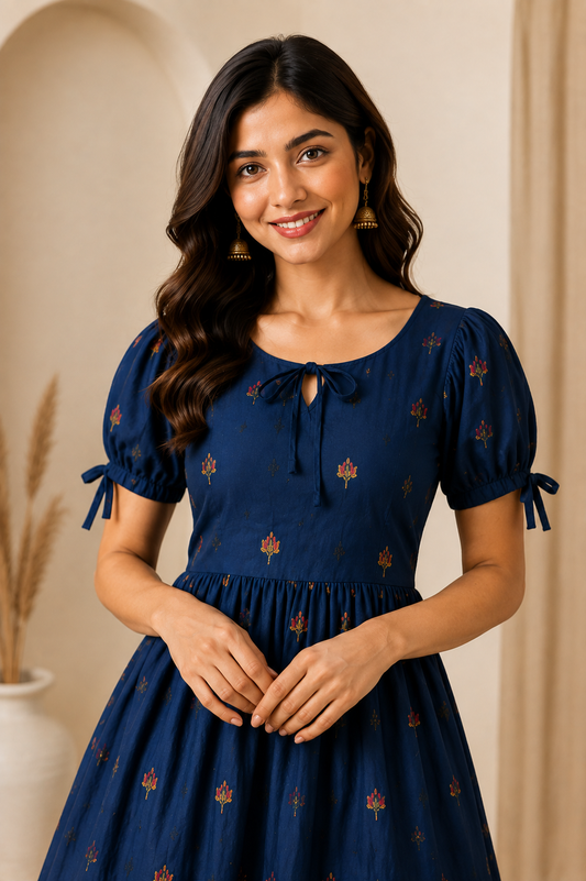 Navy Blue Floral Tie-Up Puff Sleeve Midi Dress