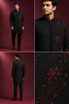 Black & Maroon Floral Embroidered Indo-Western Sherwani