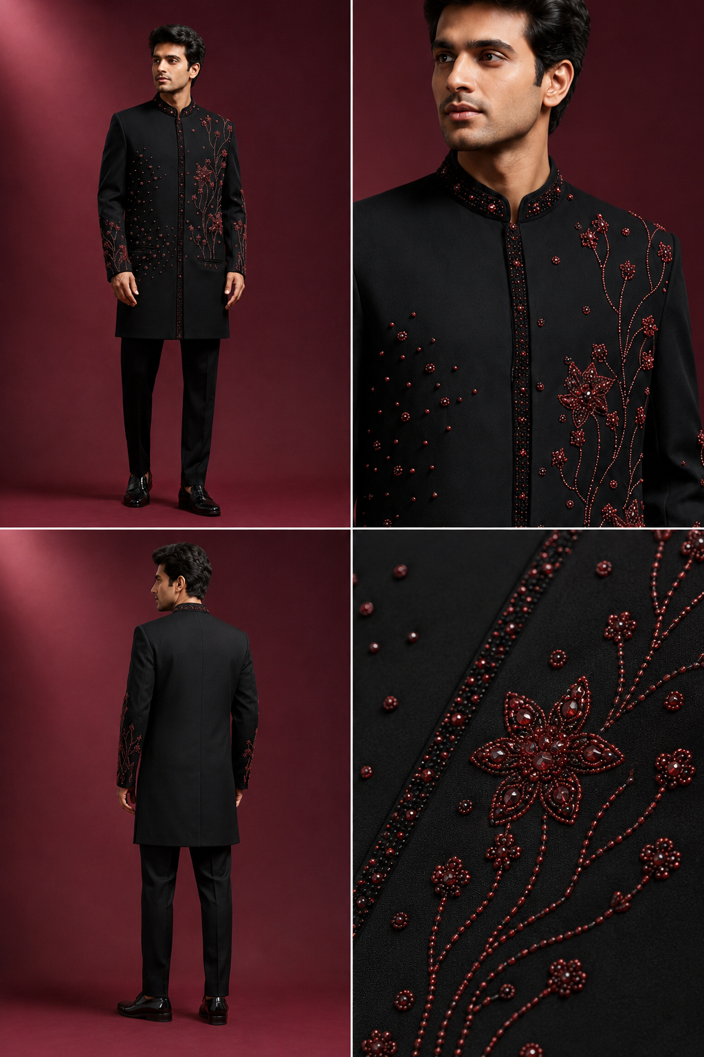 Black & Maroon Floral Embroidered Indo-Western Sherwani