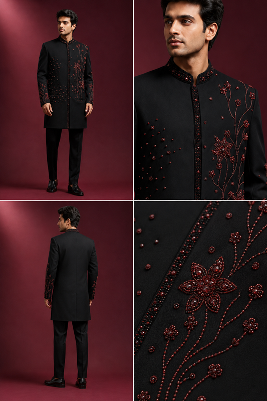 Black & Maroon Floral Embroidered Indo-Western Sherwani
