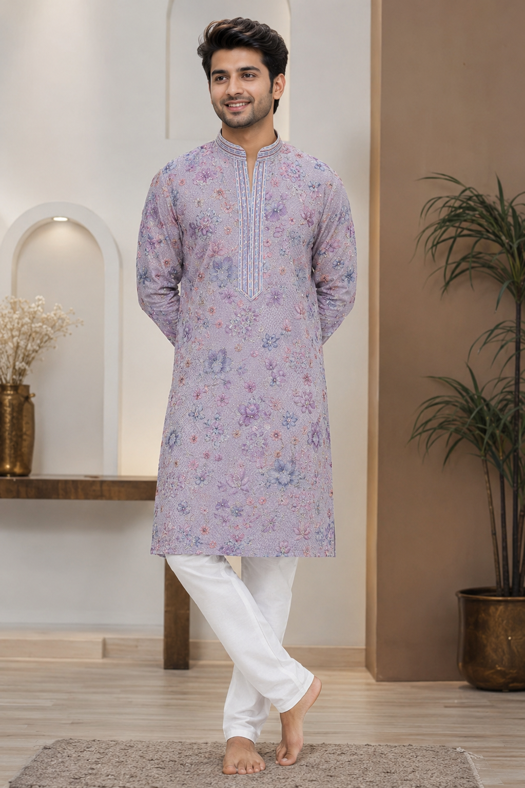 Lavender Floral Print Festive Kurta Set