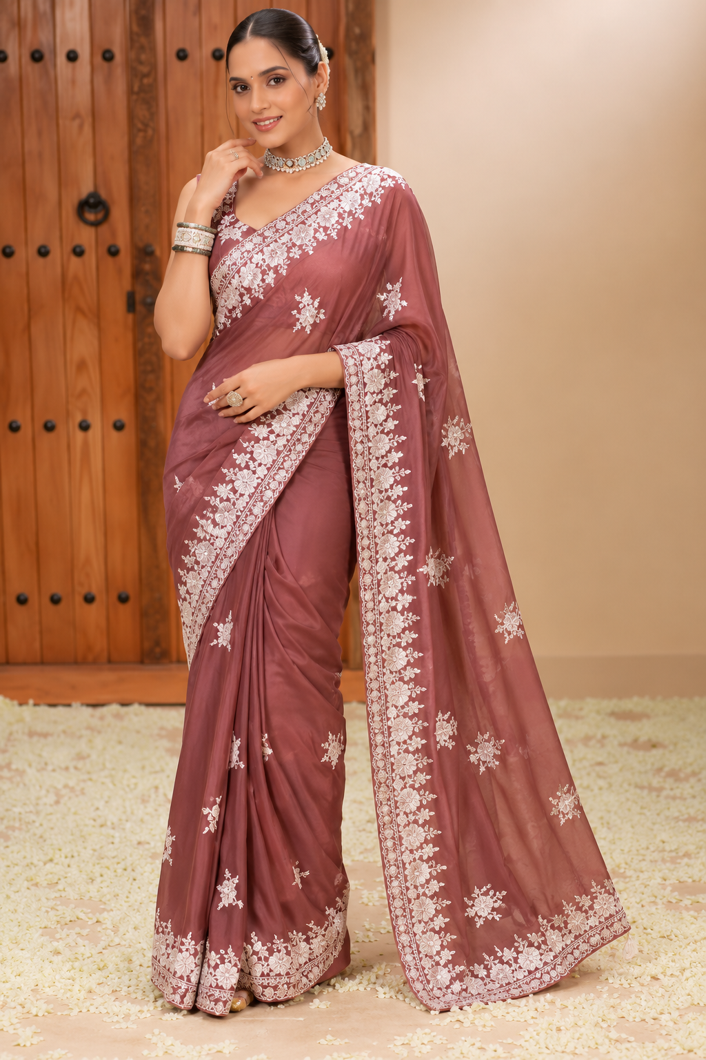 Elegant Mauve Floral Embroidered Saree