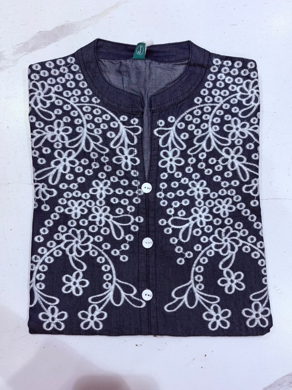 Women's Navy Blue White Floral Embroidered Denim Co-Ord Set