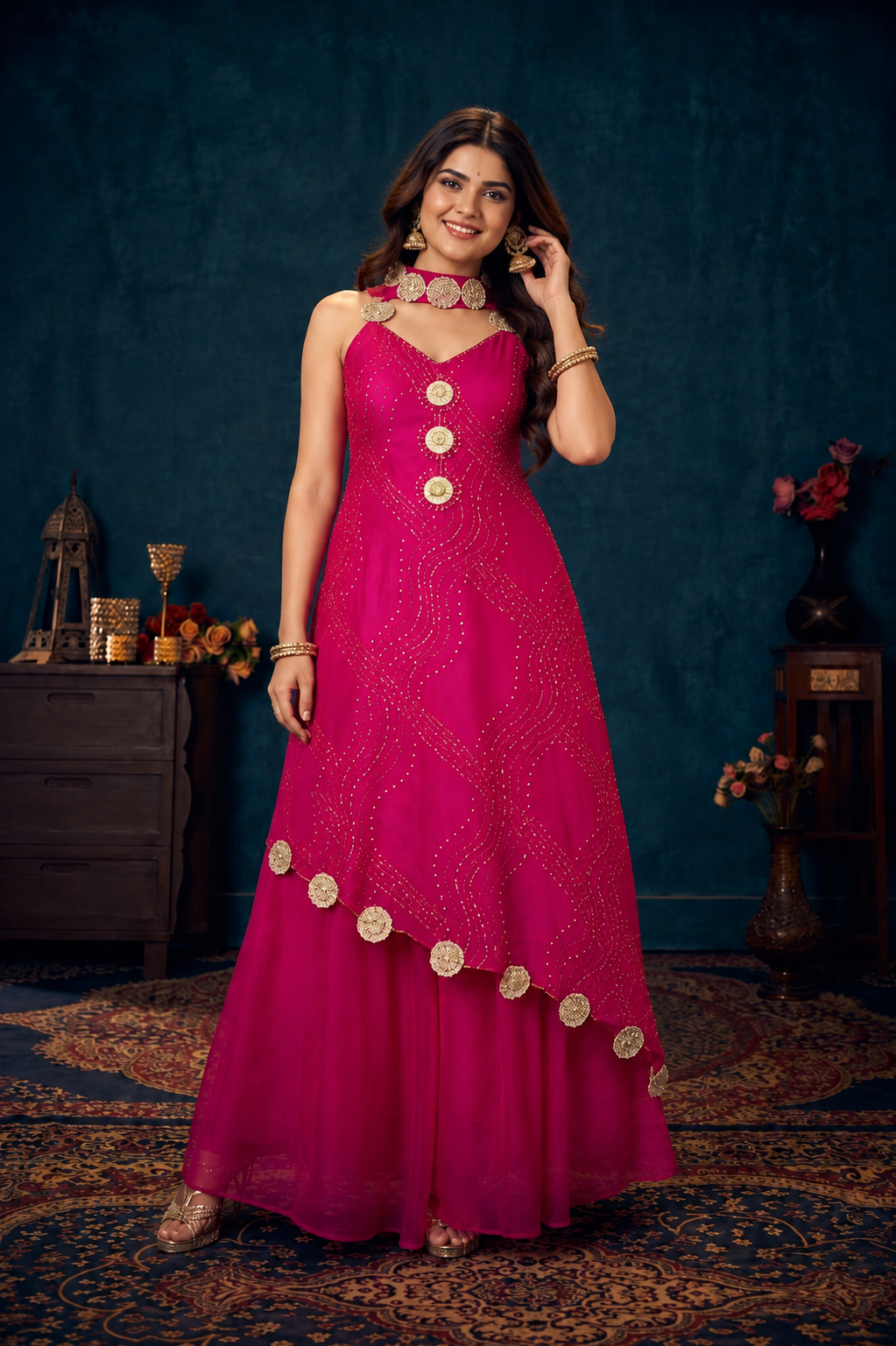 Fuchsia Pink Embellished Designer Anarkali Gown with Palazzo