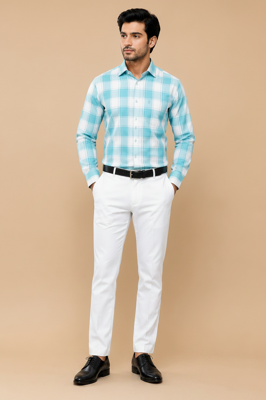 Men  White Checked Cotton Formal Shirt