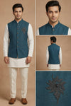Teal Blue Embroidered Nehru Jacket Kurta Set